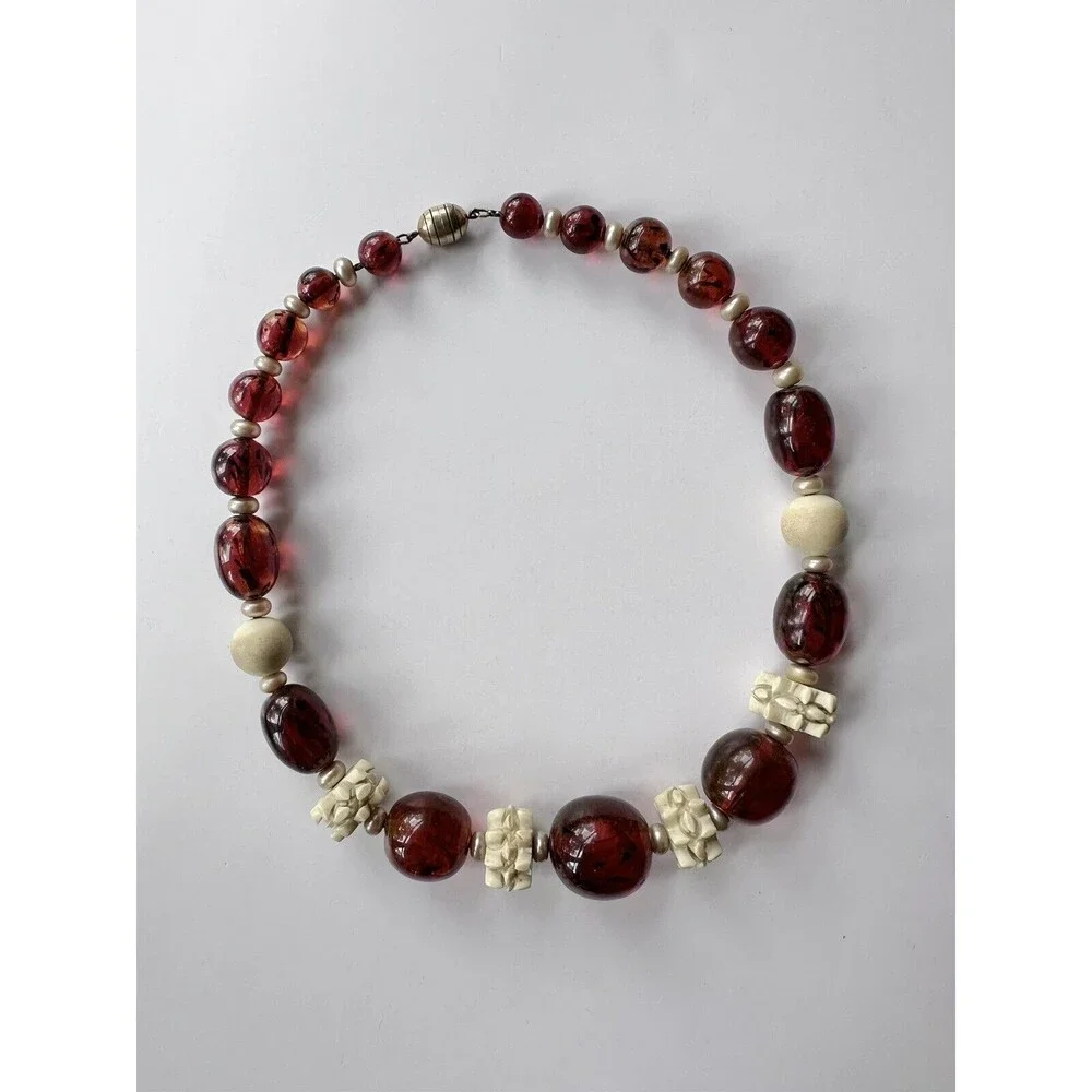 Vintage 1930s Louis Rousselet Art Deco Amber Glass Bead Carved Galalith Necklace